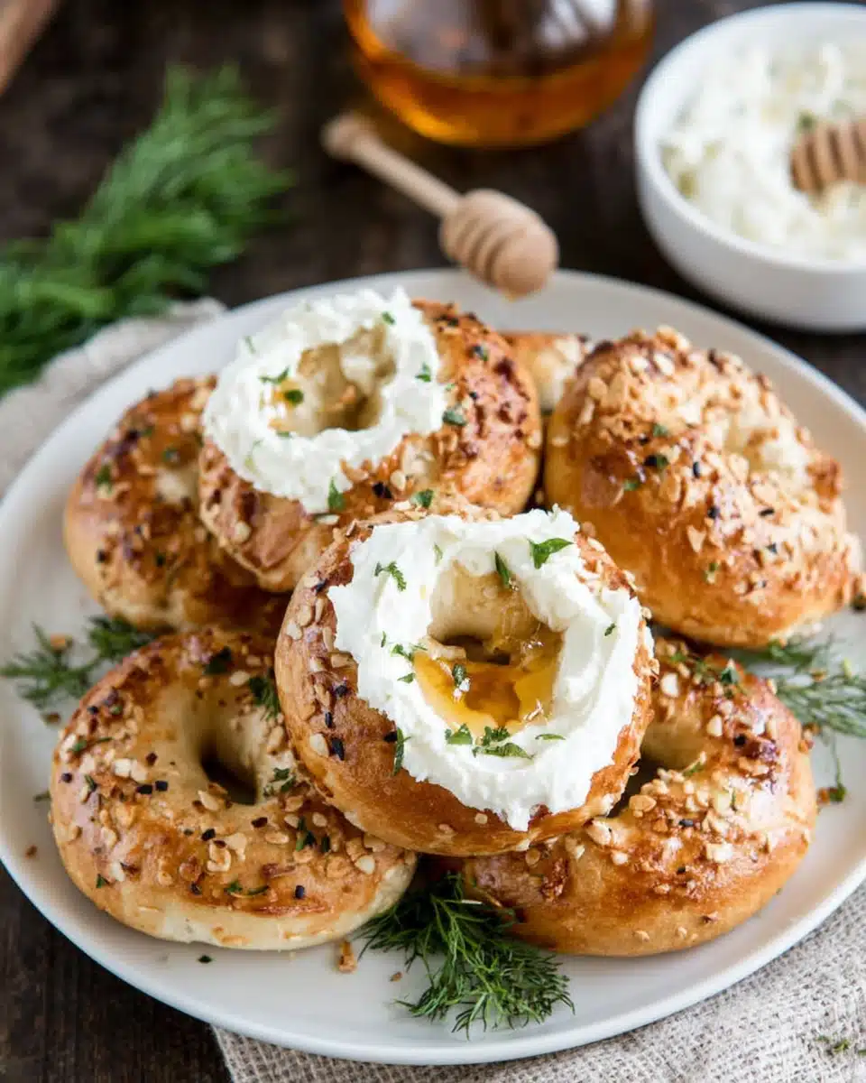 Delicious gluten free bagels with cream cheese and honey.