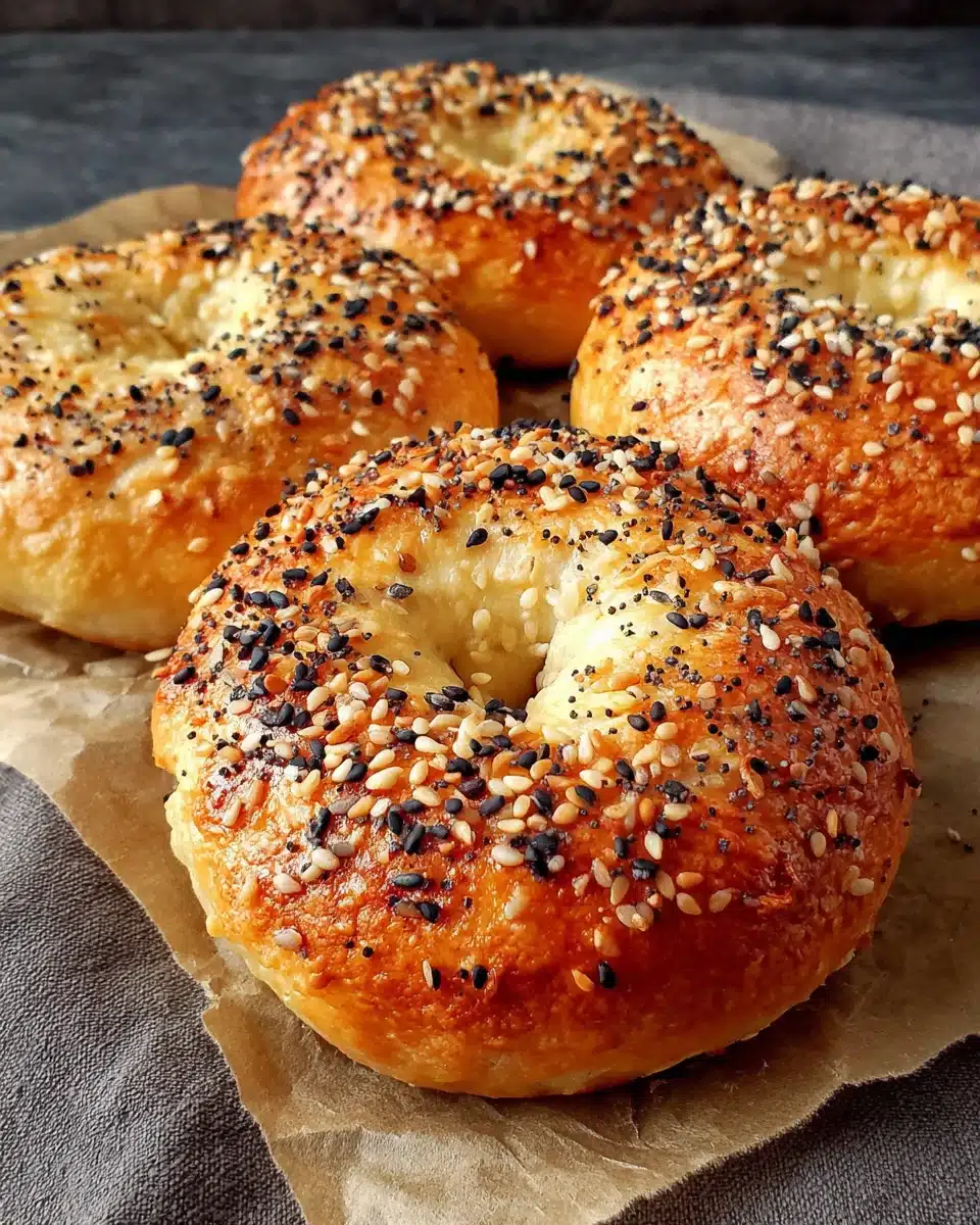 Delicious Greek yogurt bagels topped with seasoning.