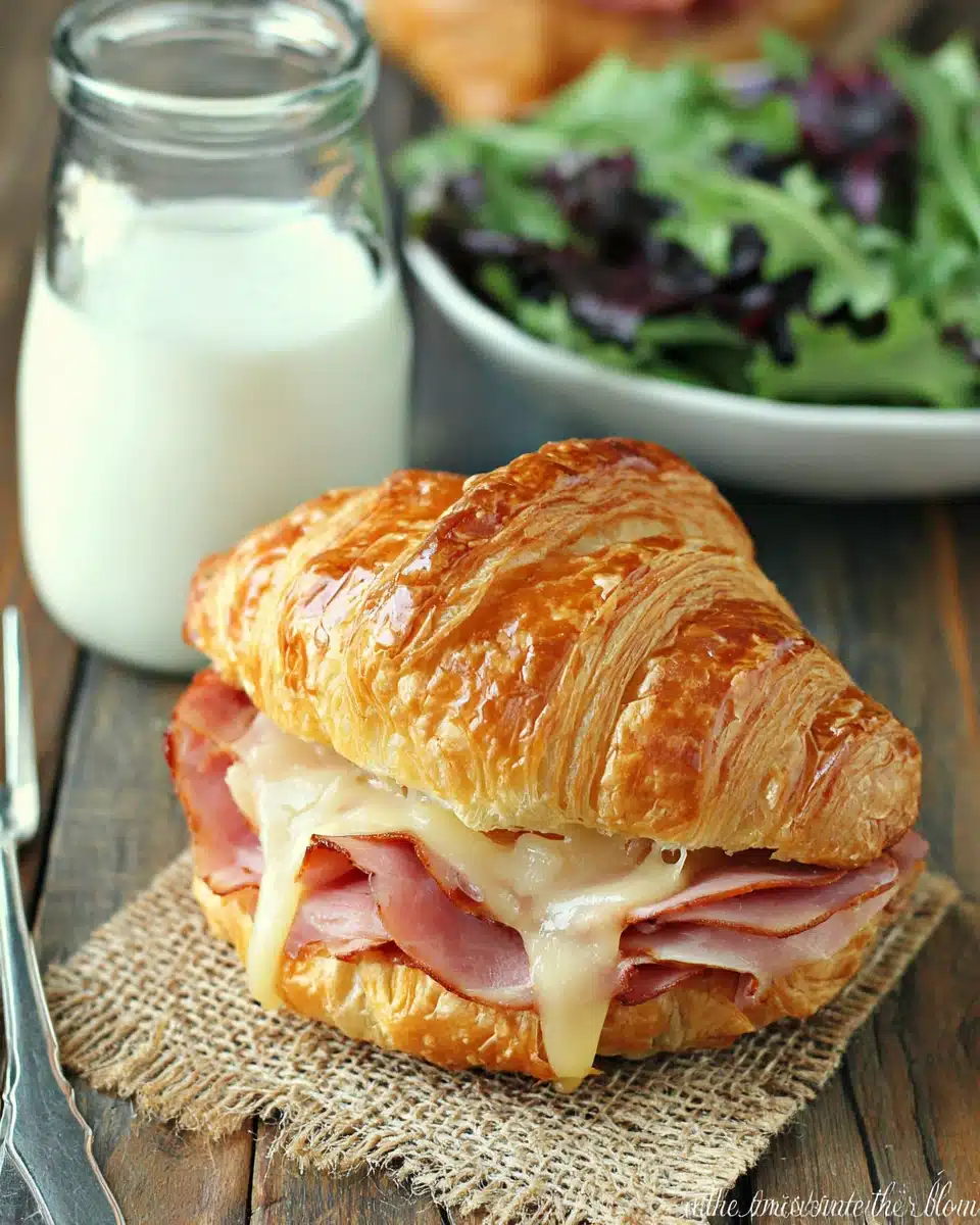 Ham and cheese croissant served with salad and milk.