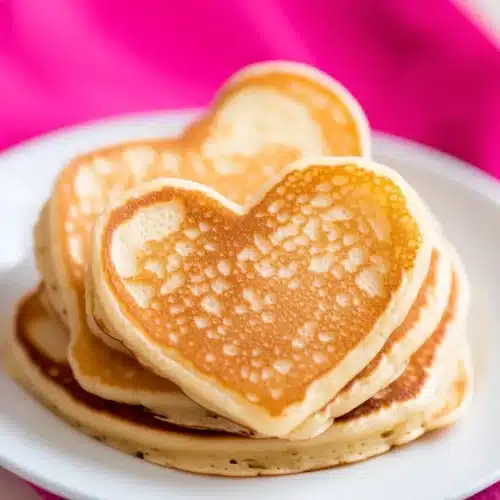 Delicious heart pancakes with chocolate chips for Valentine's Day.