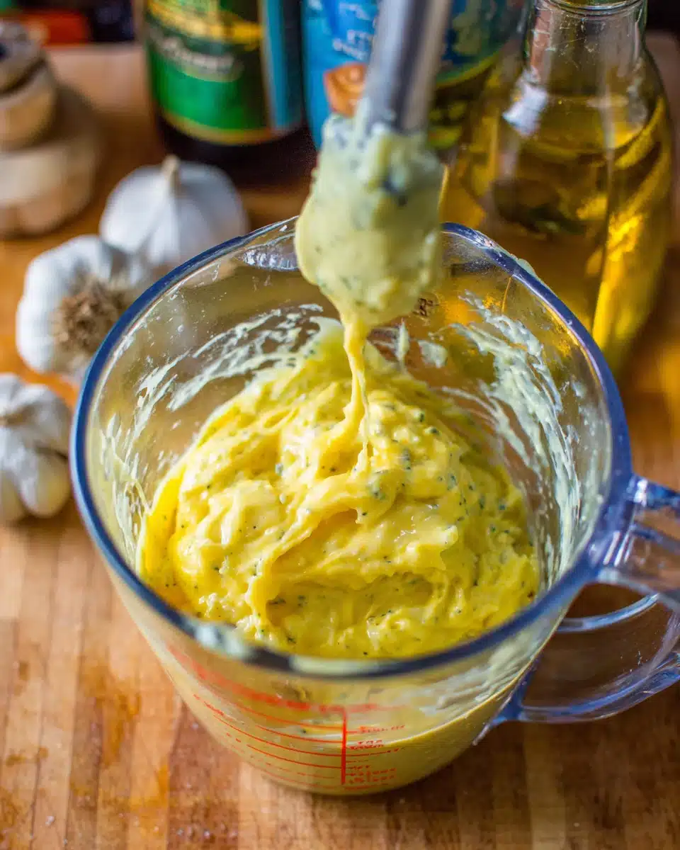 Delicious homemade aioli sauce in a mixing bowl.