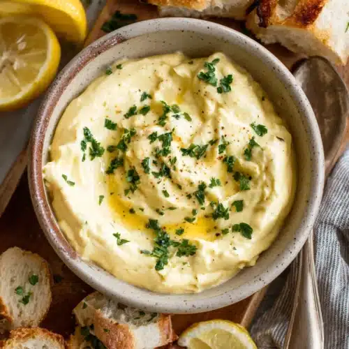 Homemade aioli with bread slices and lemon.