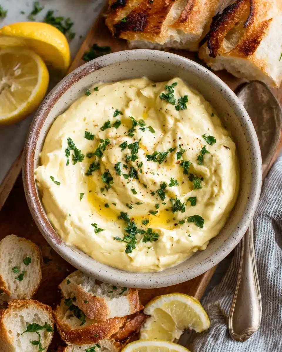 Homemade aioli with bread slices and lemon.