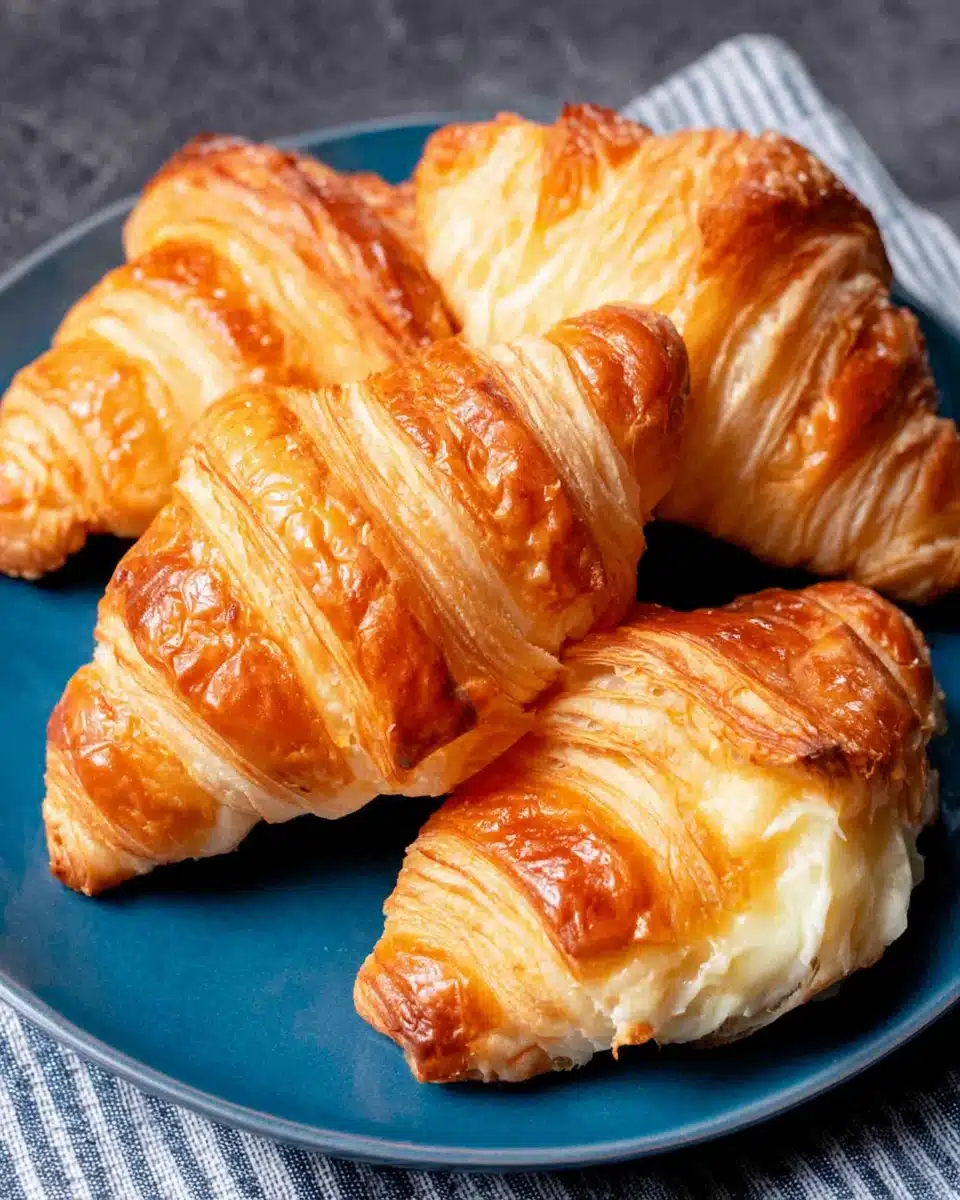 Freshly Baked Homemade Croissants Delicious homemade croissants on a blue plate.