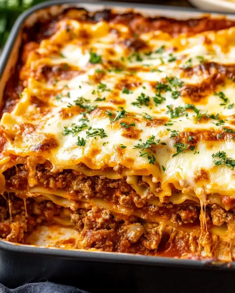 Homemade Lasagna Recipe with Ricotta Cheese served hot from the oven.