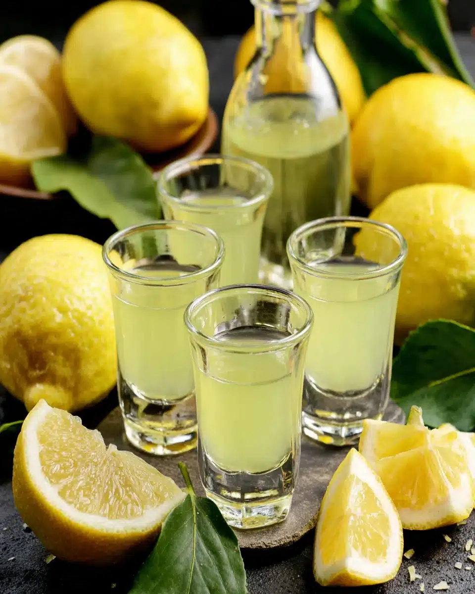 Delicious homemade limoncello served with fresh lemons.