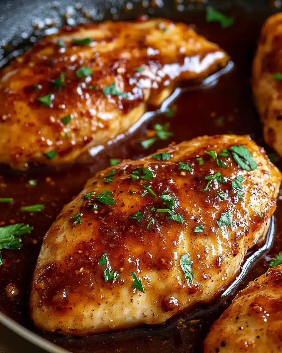 Honey Garlic Chicken Breasts Close-up of Honey Garlic Chicken Breasts served in a skillet.
