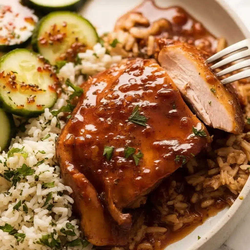 Honey Garlic Chicken Breasts Honey Garlic Chicken Breasts served with rice and cucumbers.
