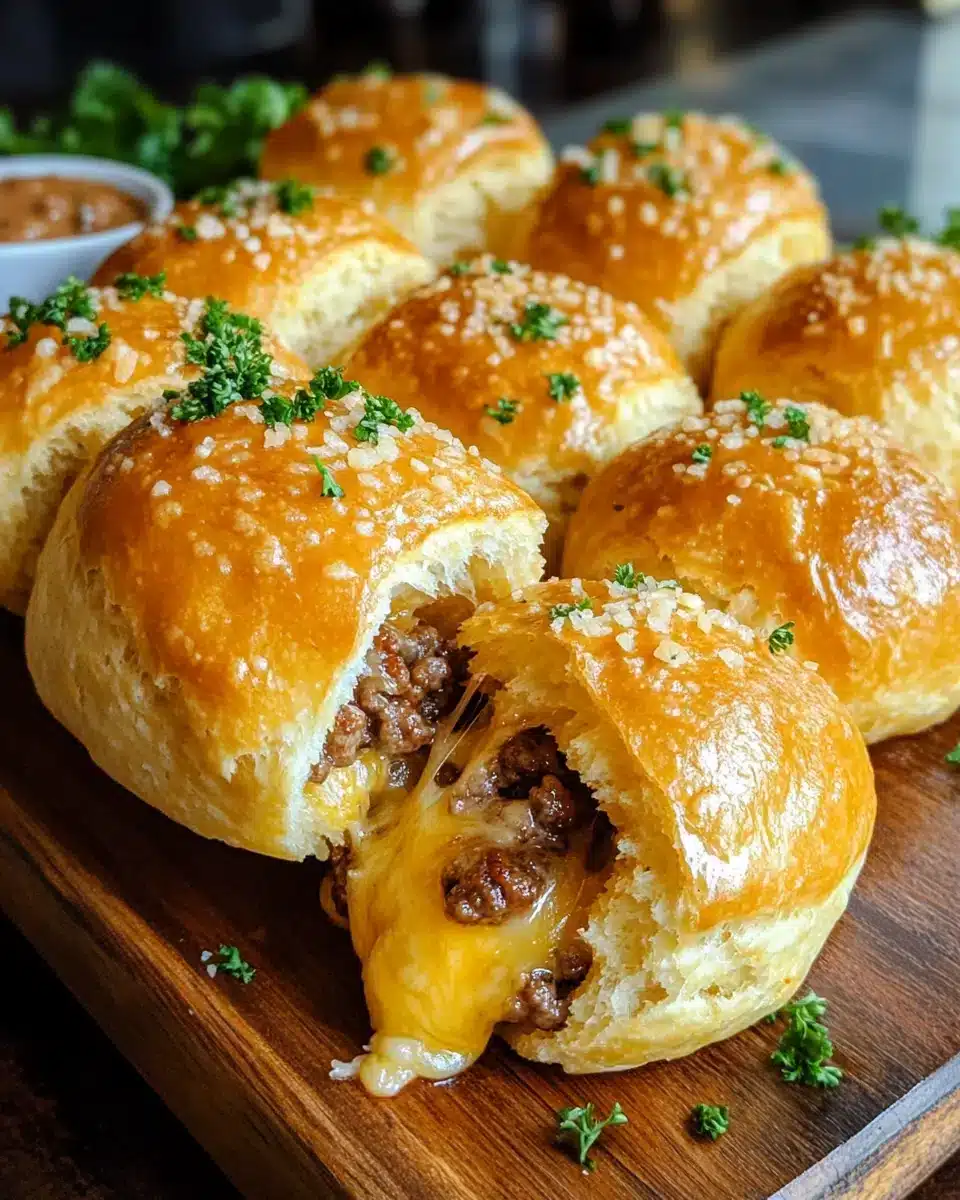 Irresistible Garlic Parmesan Cheeseburger Bombs on a wooden platter.
