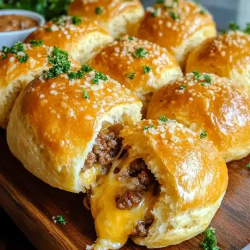 Irresistible Garlic Parmesan Cheeseburger Bombs on a wooden platter.