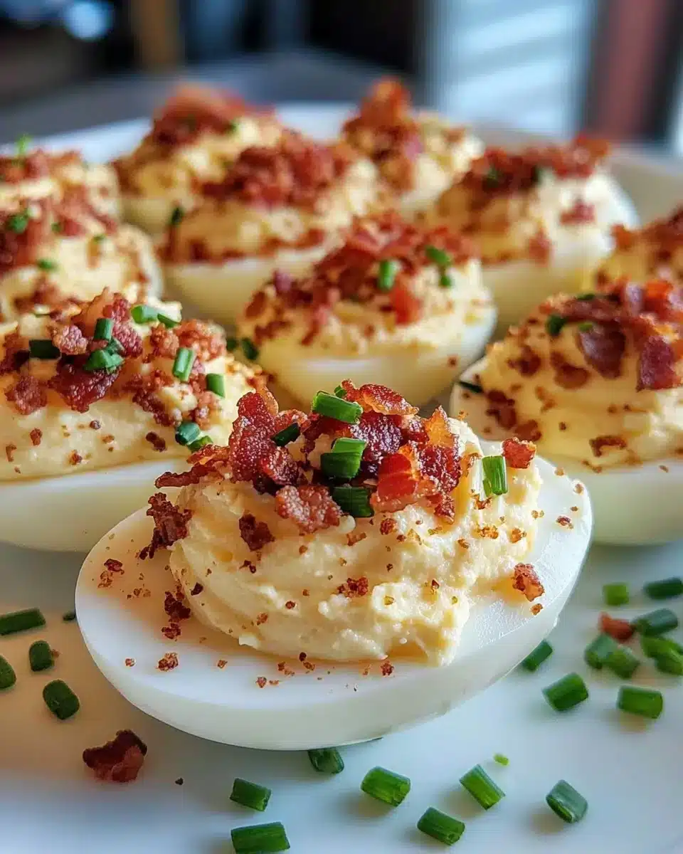 Irresistible Million Dollar Bacon Deviled Eggs served on a plate