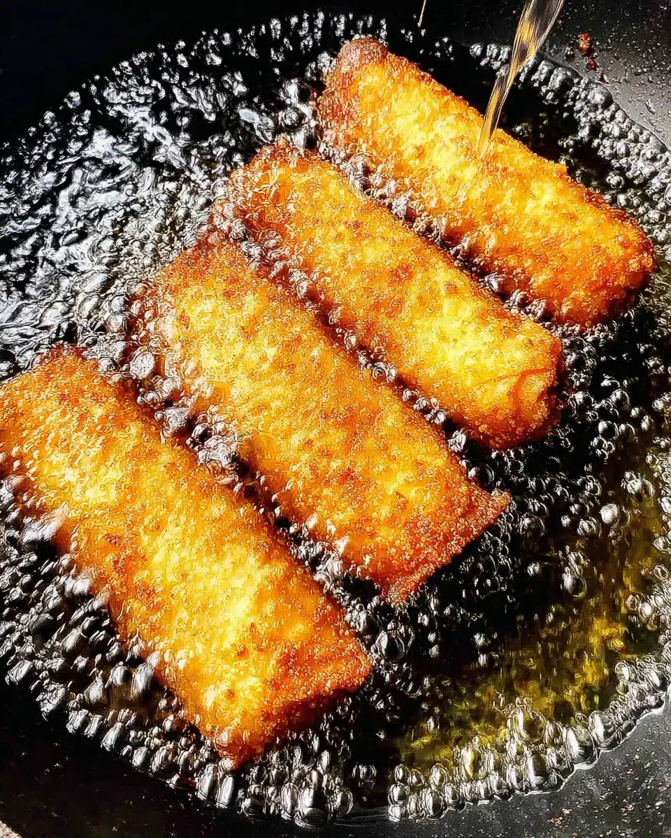 Crispy jalapeno popper egg rolls frying in oil.