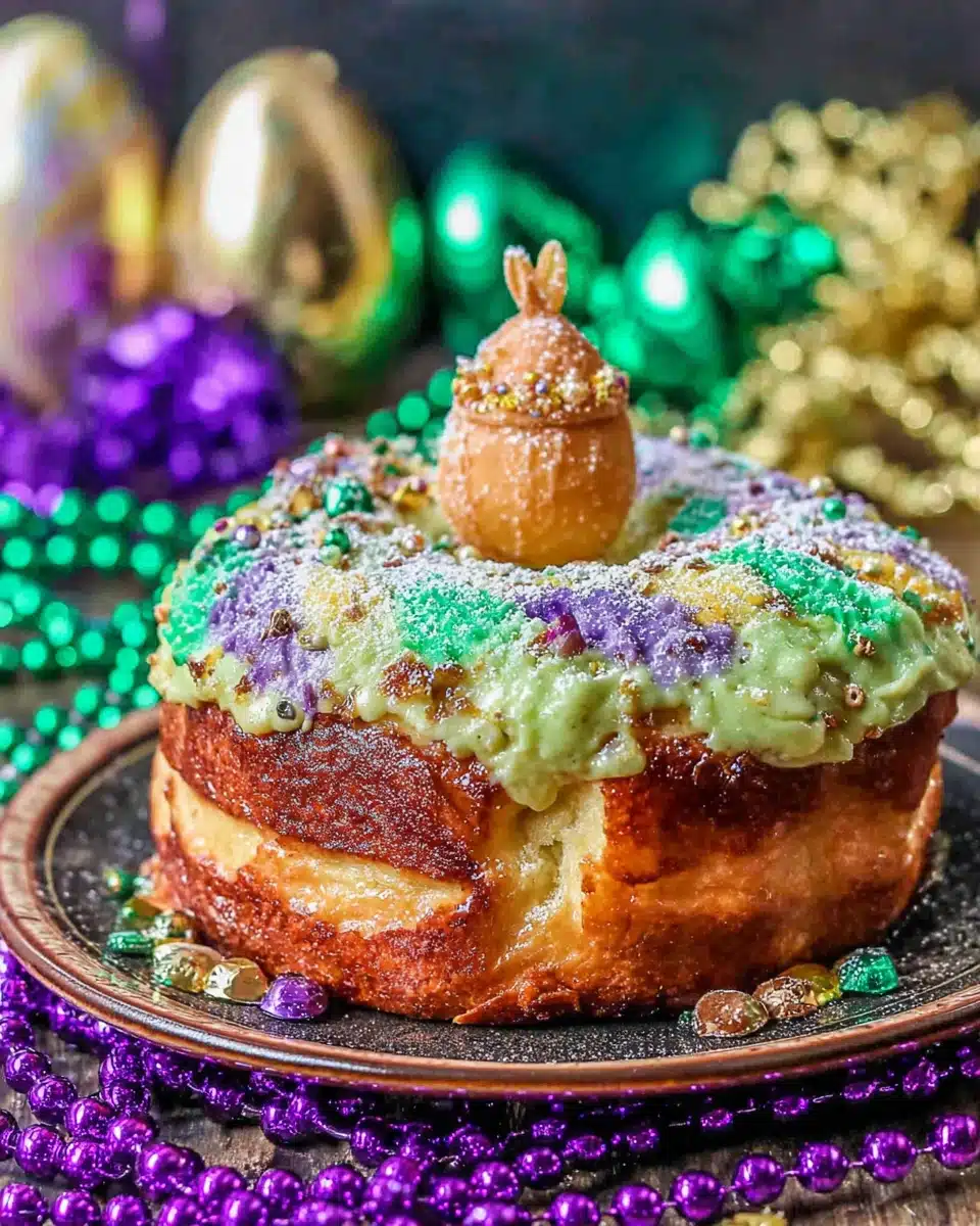 A festive king cake with vibrant colors and a hidden baby figurine.