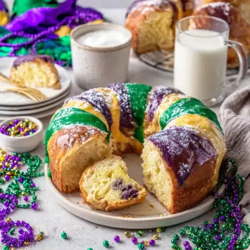 Delicious king cake served with vibrant colors for Mardi Gras festivities.