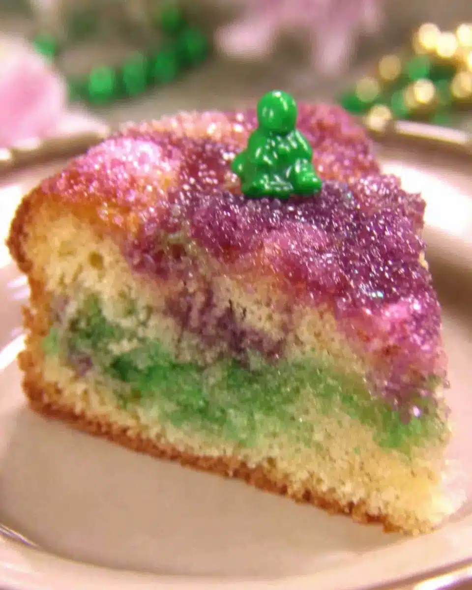 Delicious king cake slice with vibrant colors and festive decorations.