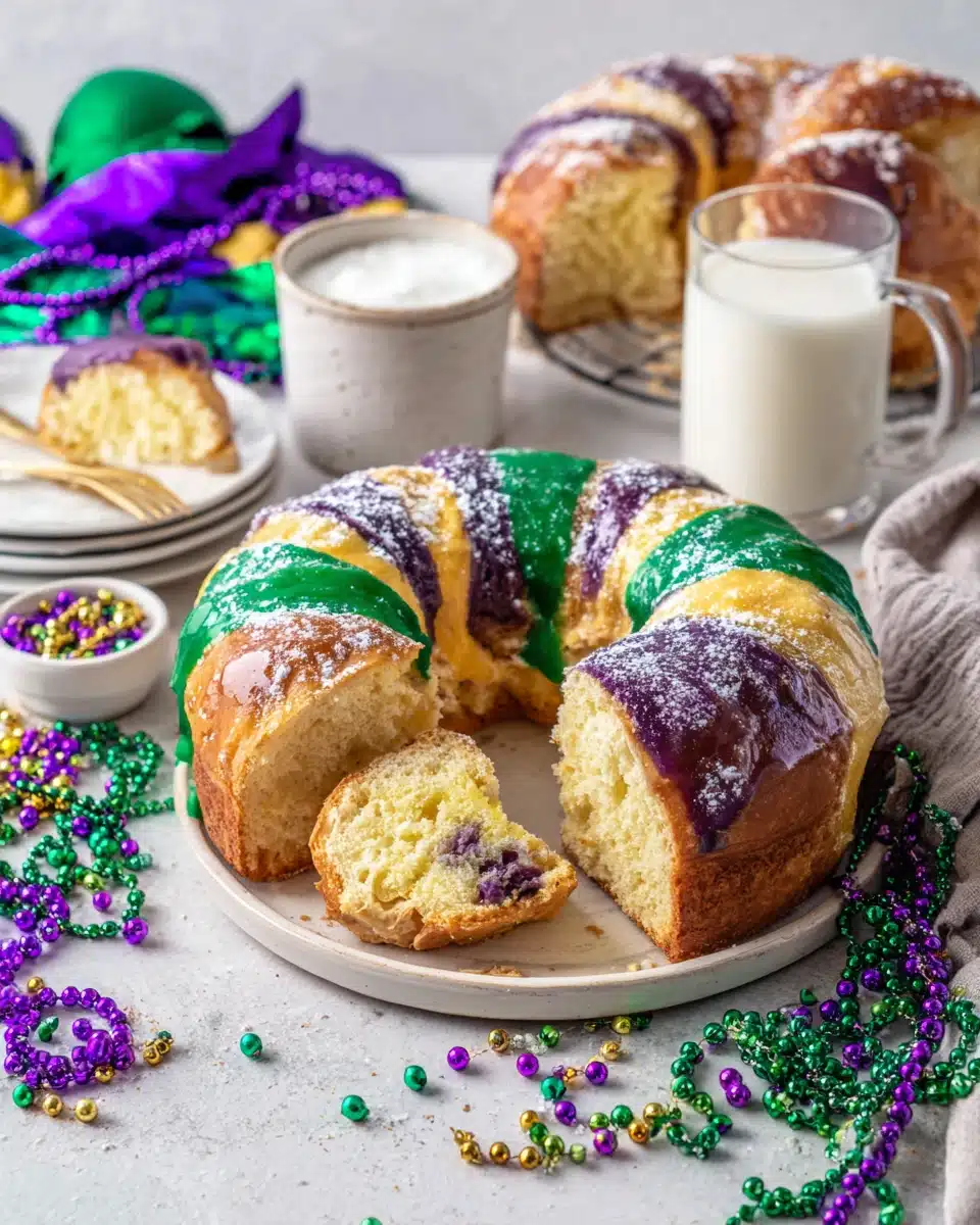 Delicious king cake served with vibrant colors for Mardi Gras festivities.