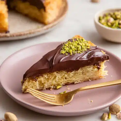 Indulgent knafeh chocolate with crispy kataifi and pistachios.