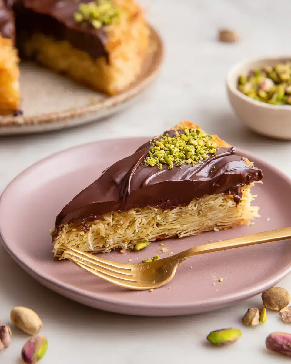 Indulgent knafeh chocolate with crispy kataifi and pistachios.