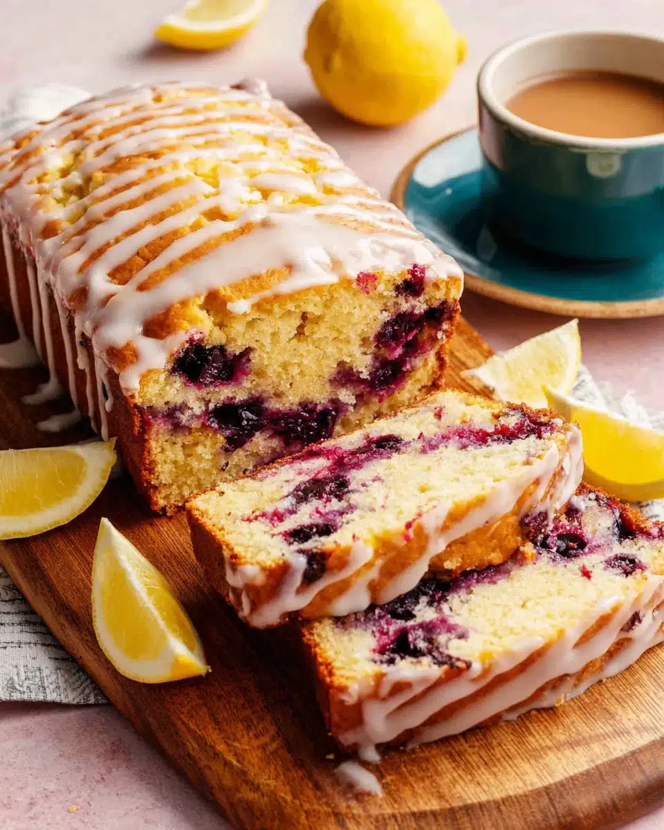 Lemon blueberry bread loaf with glaze and blueberries.