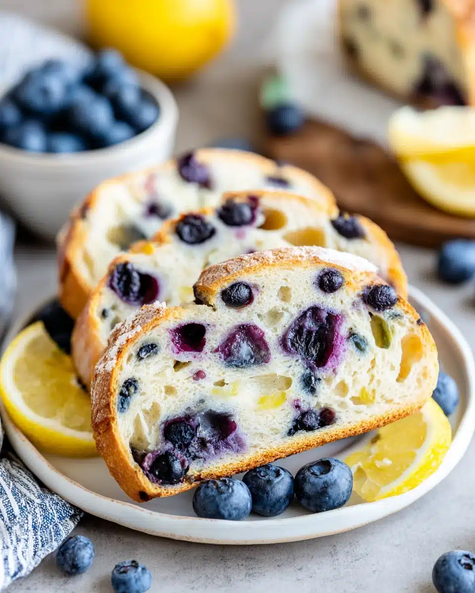 Sliced lemon blueberry sourdough bread with blueberries.