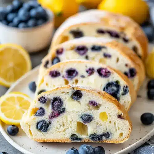 Freshly baked lemon blueberry sourdough bread slices.