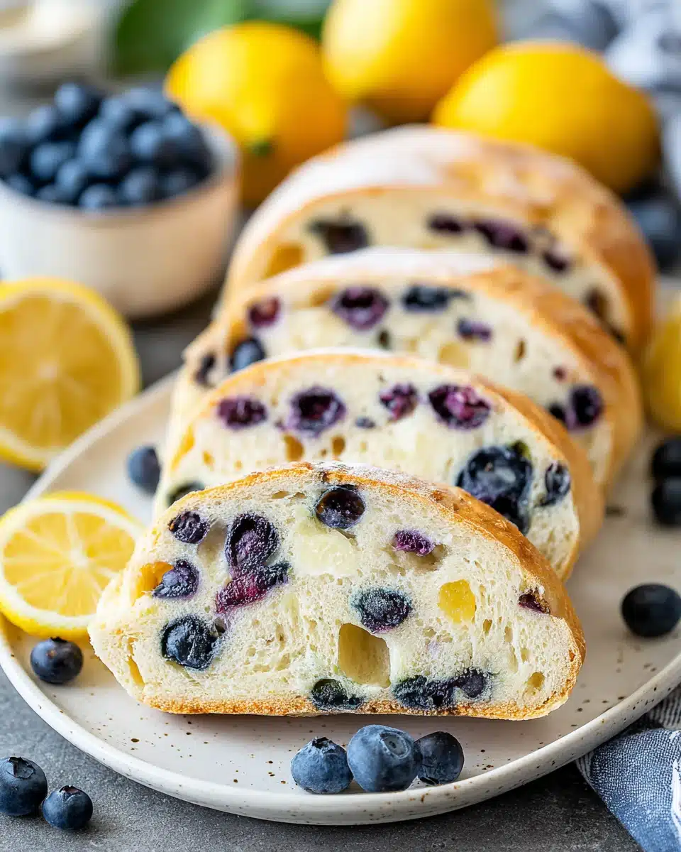 Freshly baked lemon blueberry sourdough bread slices.