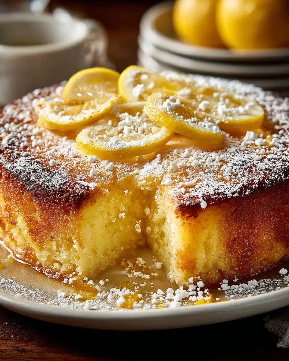 Limoncello cake with lemon slices and powdered sugar topping.