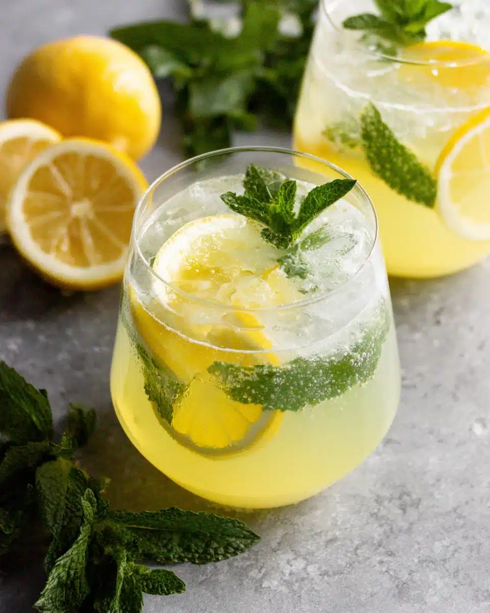 Refreshing limoncello spritz cocktail with mint and lemons.
