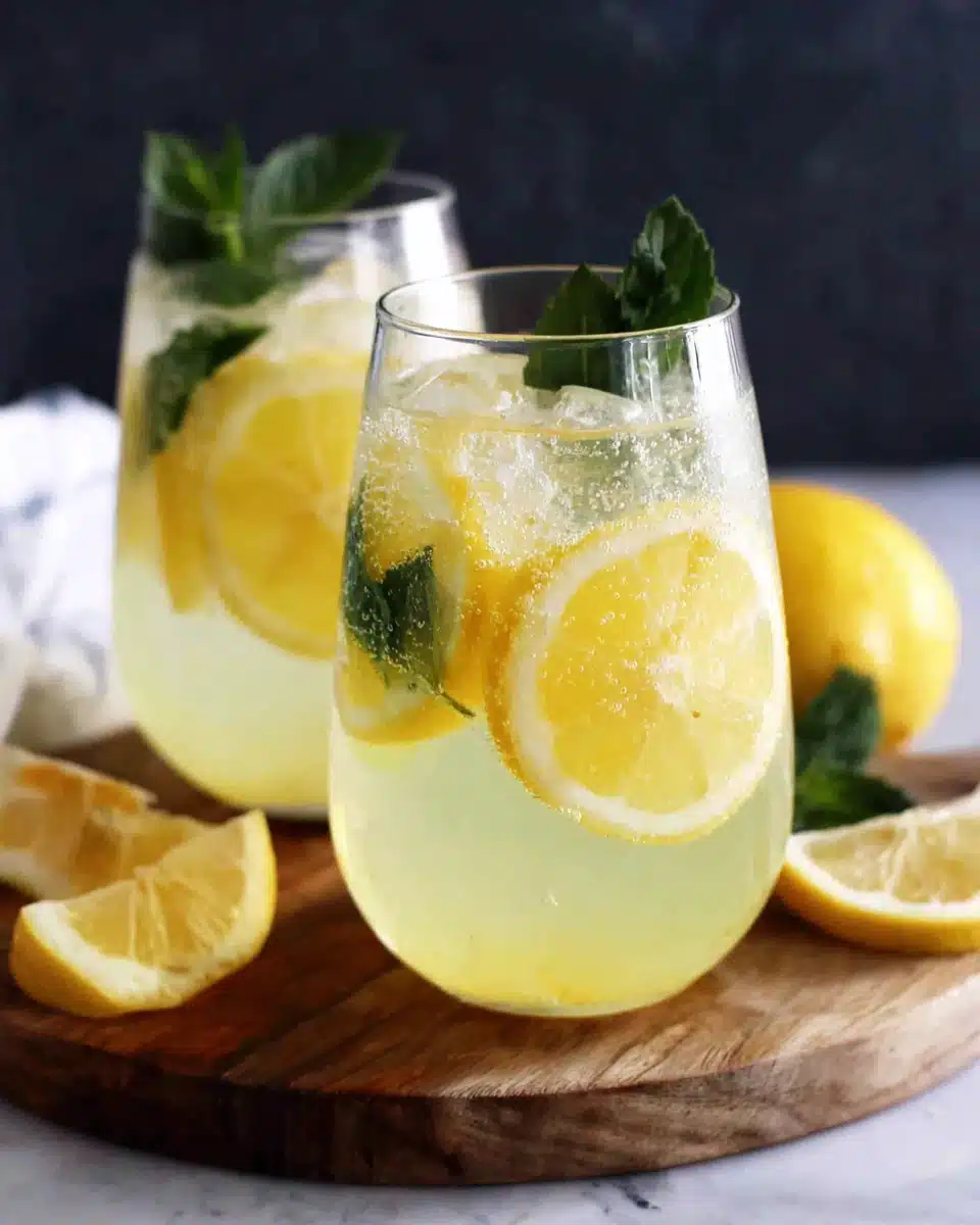 Refreshing Limoncello Spritz Cocktail Limoncello spritz in elegant glasses with lemon and mint.