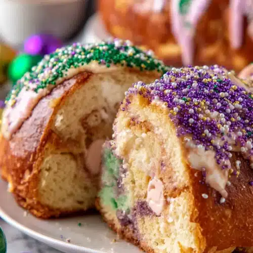 Delicious Louisiana king cake, perfect for Mardi Gras festivities.