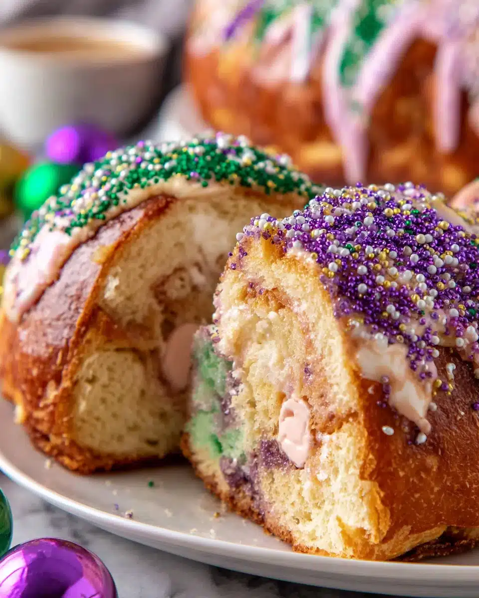 Delicious Louisiana king cake, perfect for Mardi Gras festivities.