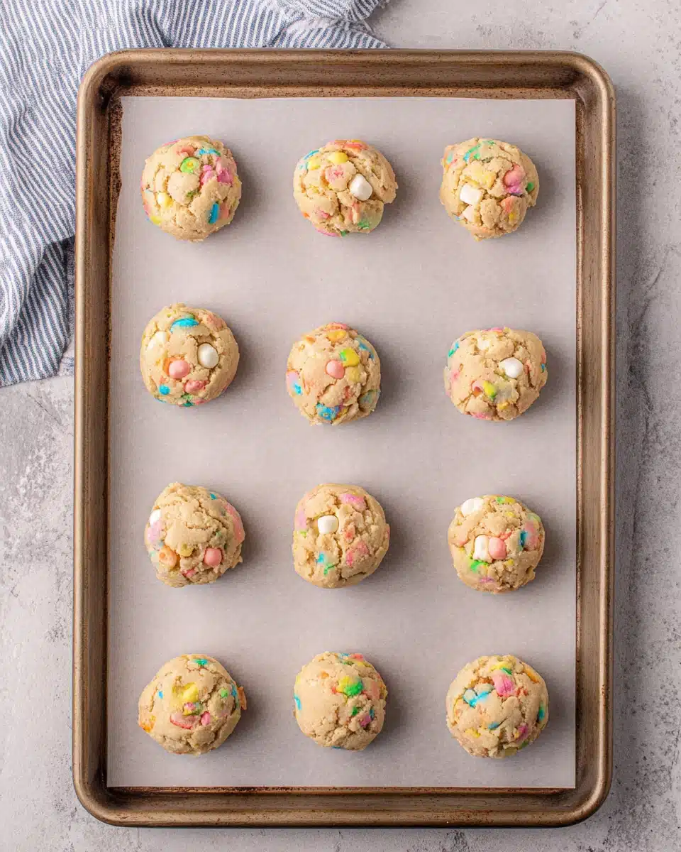 Delicious lucky charms cookies on a baking tray.
