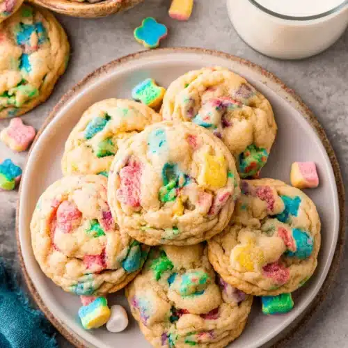 Delicious lucky charms cookies with colorful marshmallows.