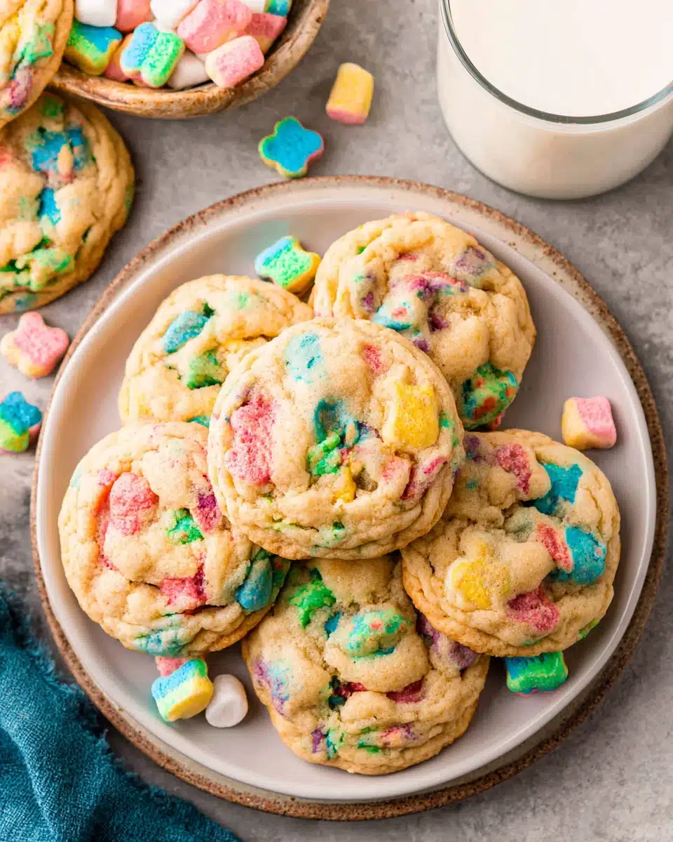 Delicious lucky charms cookies with colorful marshmallows.
