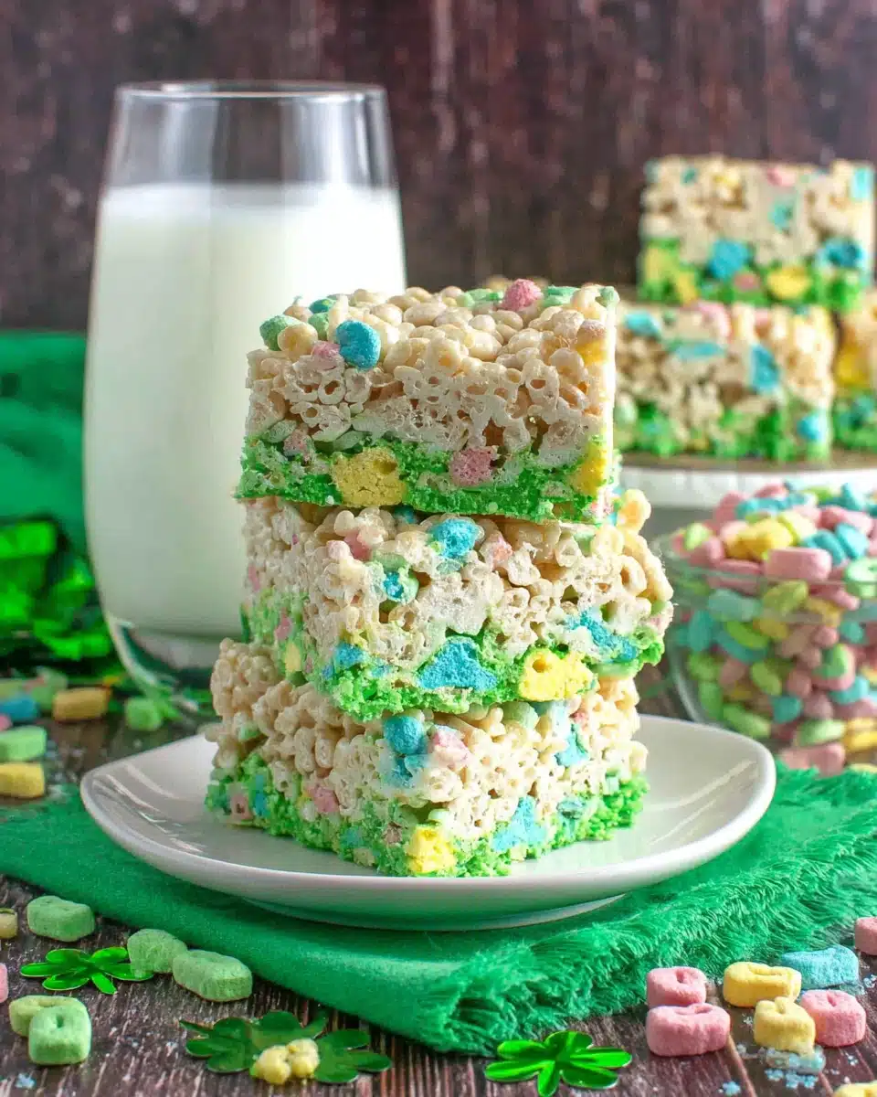 Colorful Lucky Charms Rice Krispie Treats stacked on a plate.