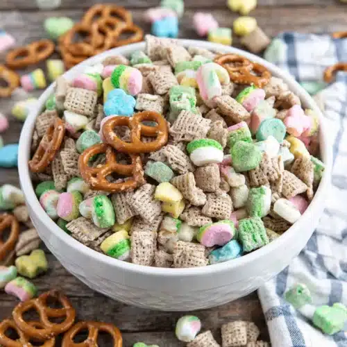 Delicious Lucky Charms snack mix with pretzels and chocolate candies.