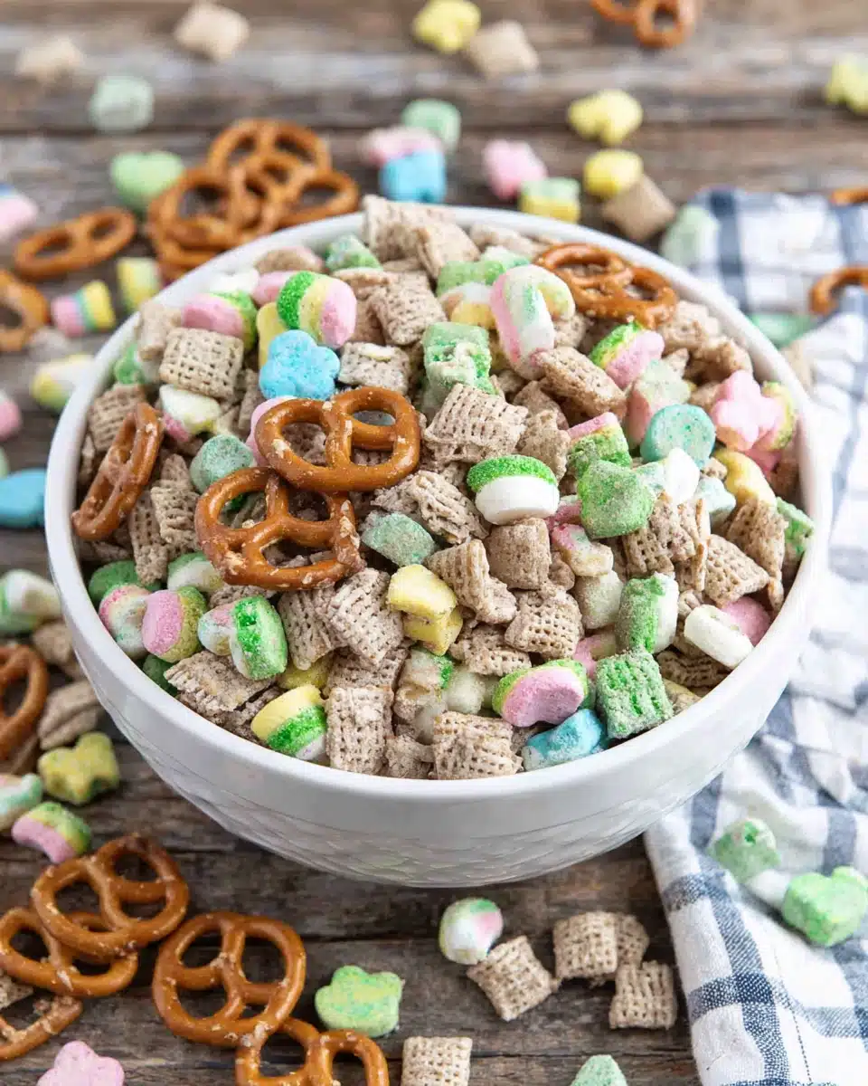 Delicious Lucky Charms snack mix with pretzels and chocolate candies.