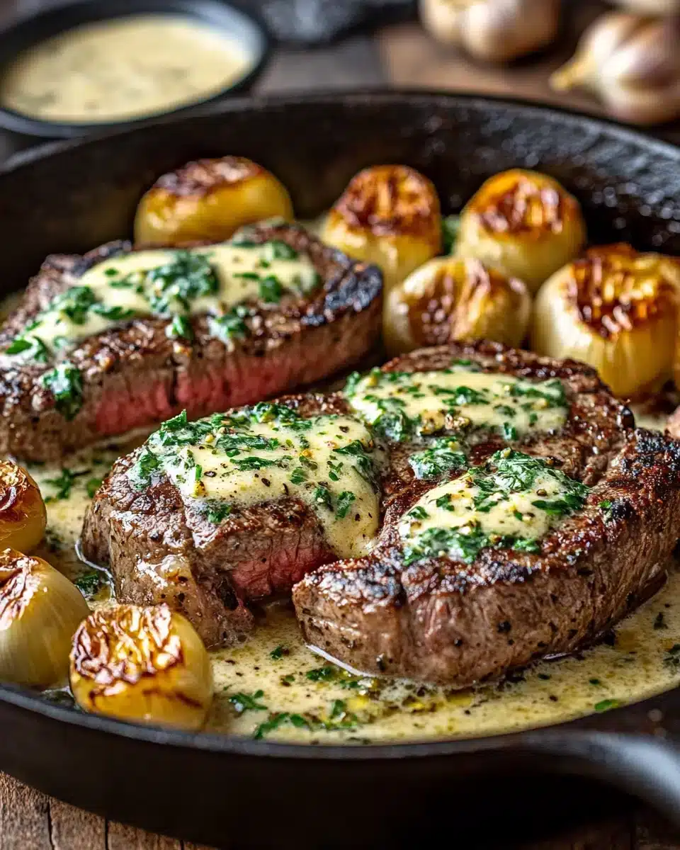 Mastering Garlic Butter Steak With Parmesan Cream Sauce in a skillet