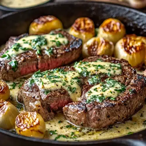 Mastering Garlic Butter Steak With Parmesan Cream Sauce in a skillet