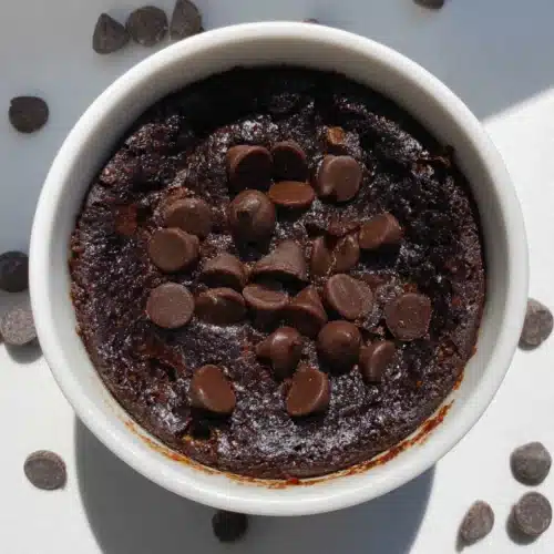 Gooey microwave brownie with chocolate chips.