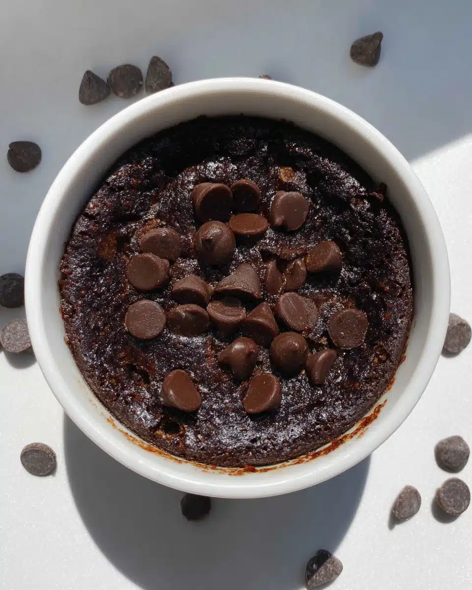 Gooey microwave brownie with chocolate chips.