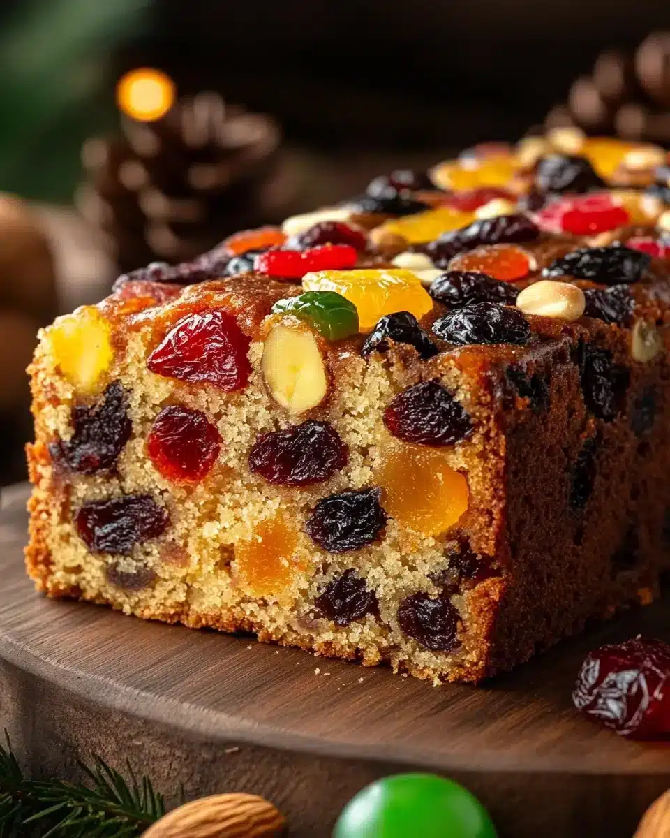 Delicious Never Fail Fruit Cake showcasing colorful dried fruits.