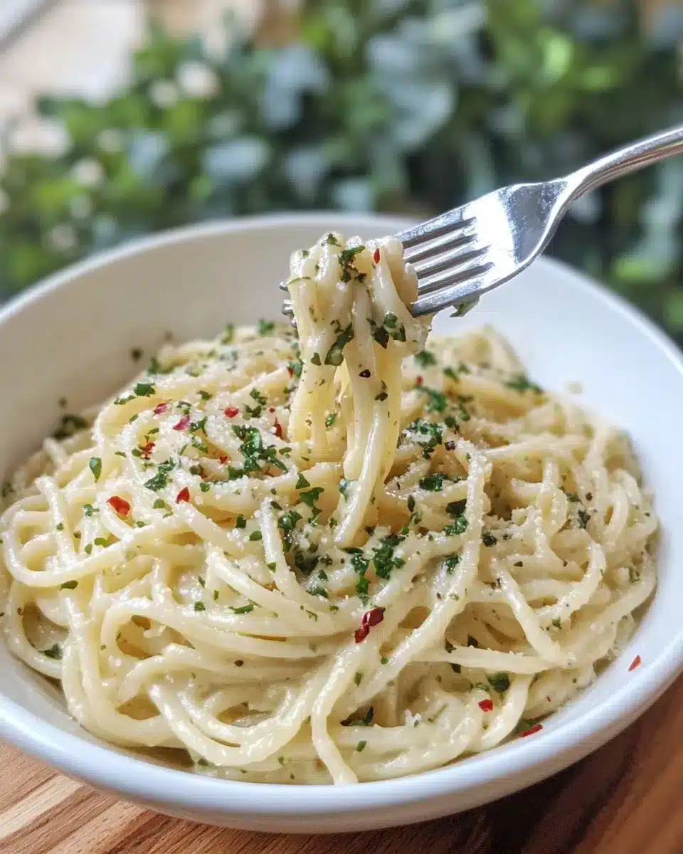 Delicious One Pot Creamy Garlic Pasta ready to serve in a bowl.