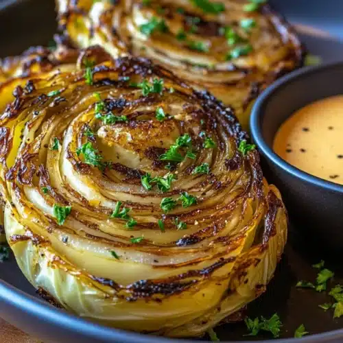 Oven Roasted Garlic Cabbage Steaks 1 Oven Roasted Garlic Cabbage Steaks served with sauces.
