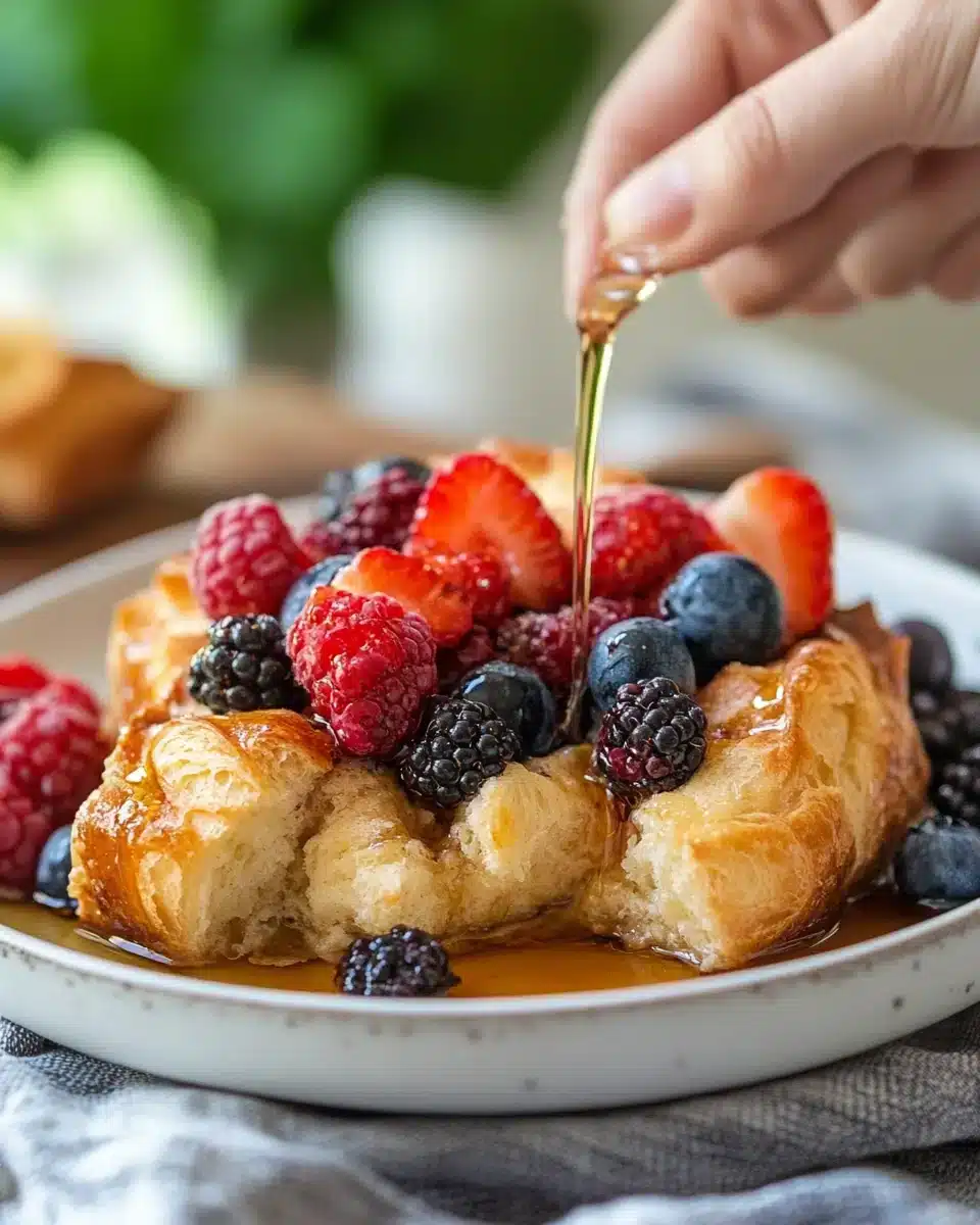 Delicious Overnight Croissant Breakfast Casserole with berries and syrup.
