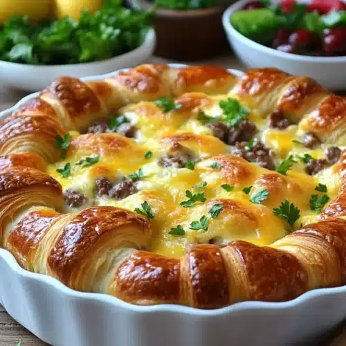 Delicious Overnight Croissant Breakfast Casserole with sausage and cheese.