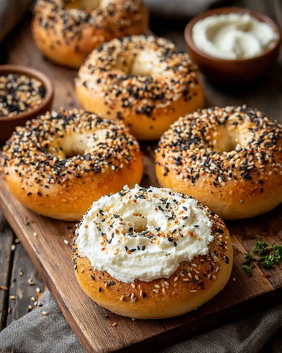 Delicious protein-packed bagels topped with seeds and cream cheese.