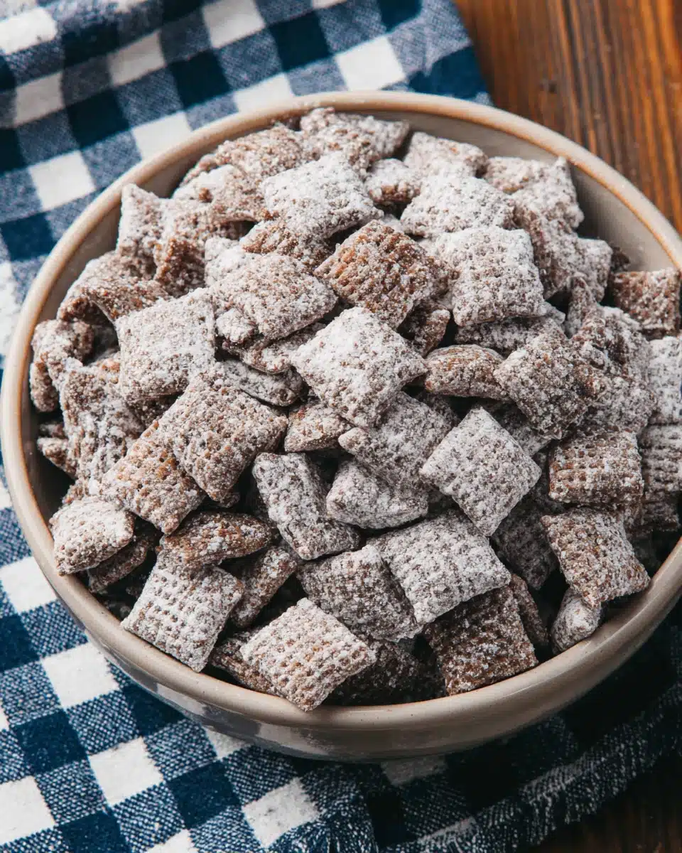 Delicious puppy chow treat featuring chocolate and peanut butter flavors.