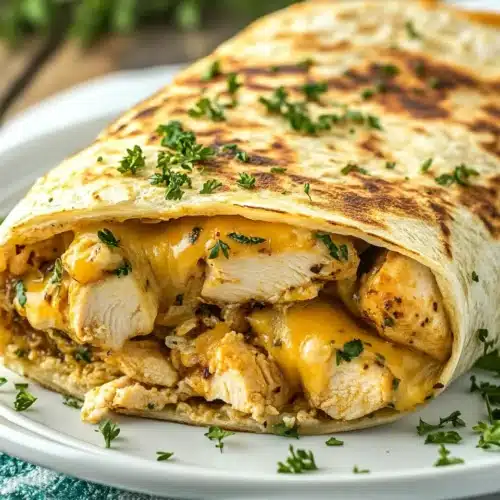 Quick Cheesy Chicken Wrap garnished with parsley on a plate.
