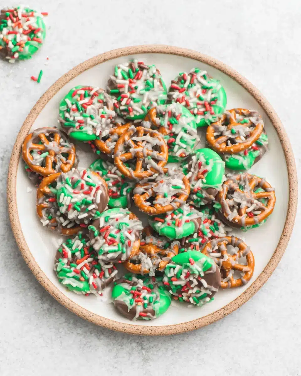 Delicious Rolo pretzel candy topped with colorful sprinkles.
